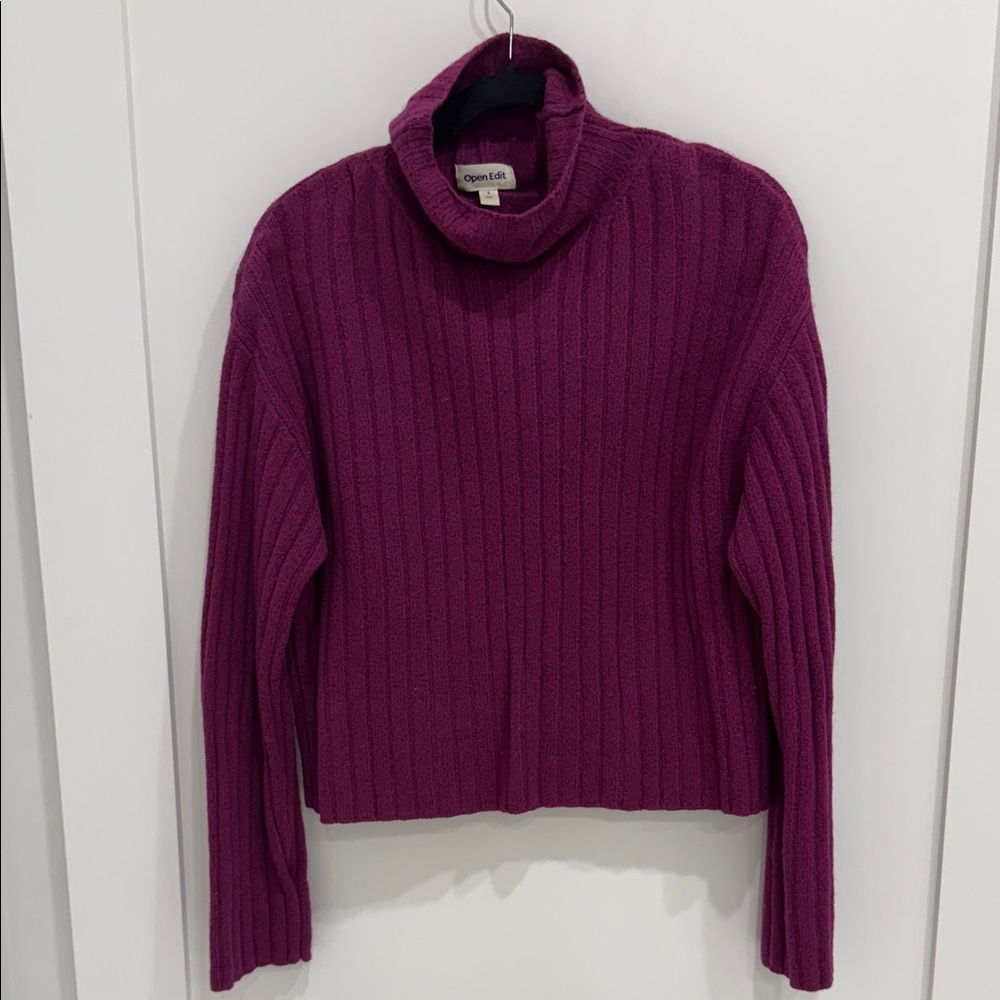 Open Edit Women's Ribbed Magenta Turtleneck Sweater
